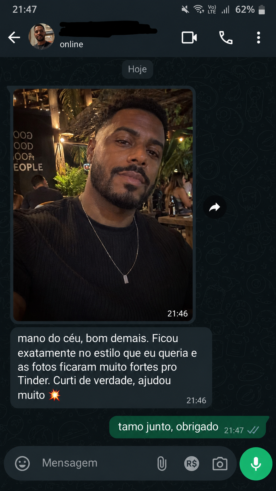 Feedback de Comprador verificado: "ficou exatamente no estilo que eu queria e as fotos ficaram muito fortes pro Tinder"