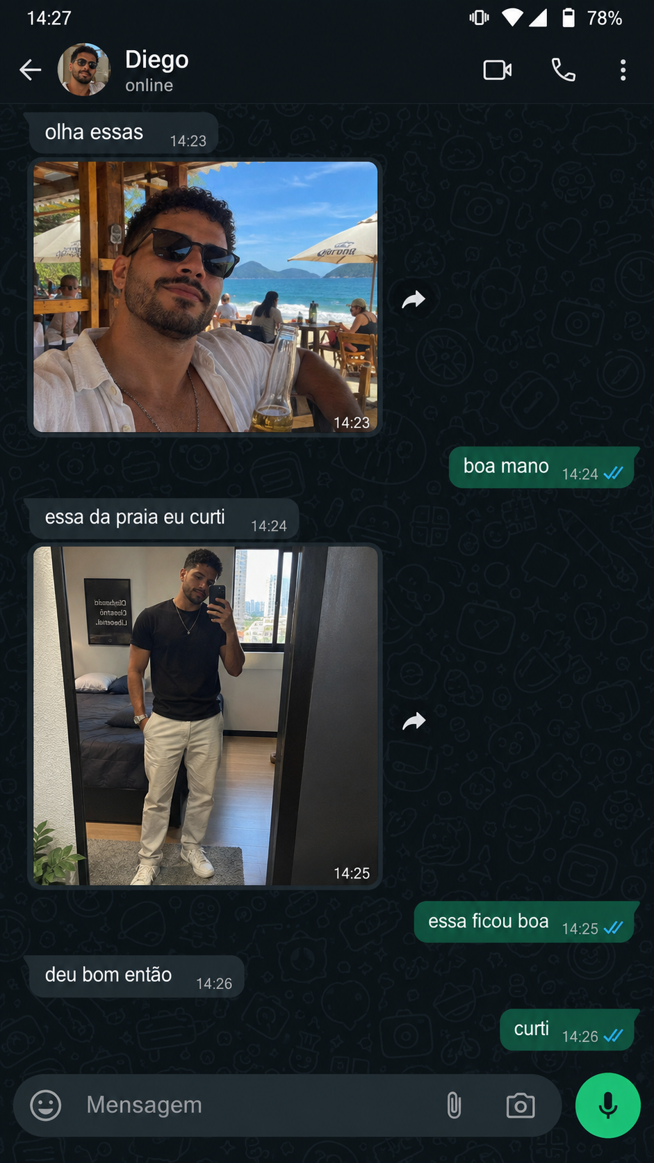 Feedback de Diego: "essa da praia eu curti" · "essa ficou boa"